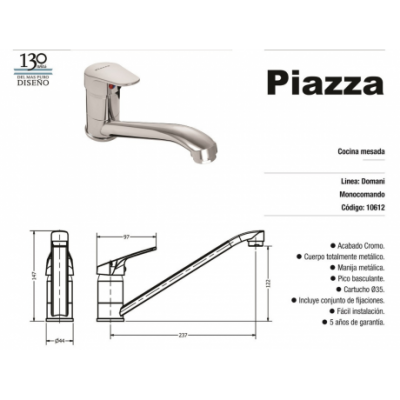 Monocomando De Mesada Piazza 10612 Domani Pico Bajo Cromo