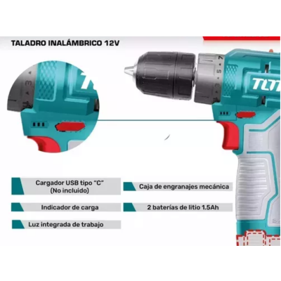 Taladro Inalambrico Total 12V + 2 Baterias TDLI12202