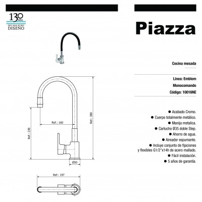 Monocomando Mesada Piazza Emblem Manguera Negra Extensible