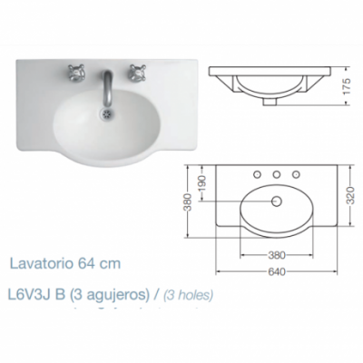 Bacha Lavatorio Para Vanitory Ferrum Venecia 3 Agujeros 64 Cm Blanca Loza